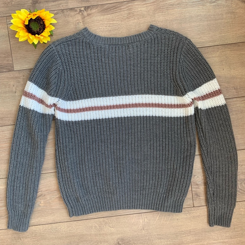 Pink Rose - Women’s Gray Chinky Knit Sweater, Pink and White Stripe, Sz Small